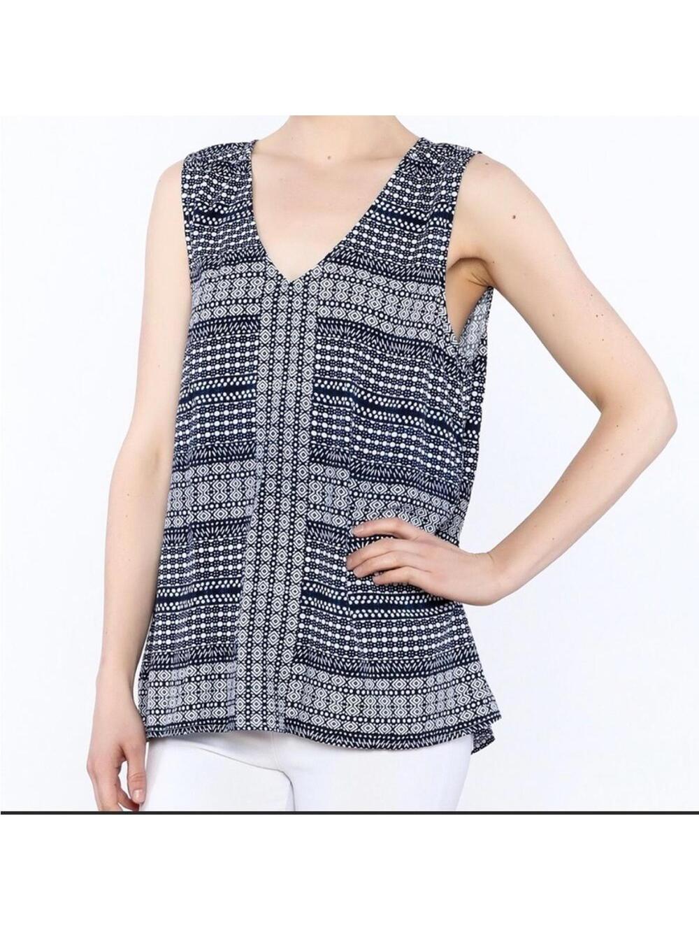 Tommy Bahama Navy Blue Geometric Print Sleeveless V-Neck Top Women's Small